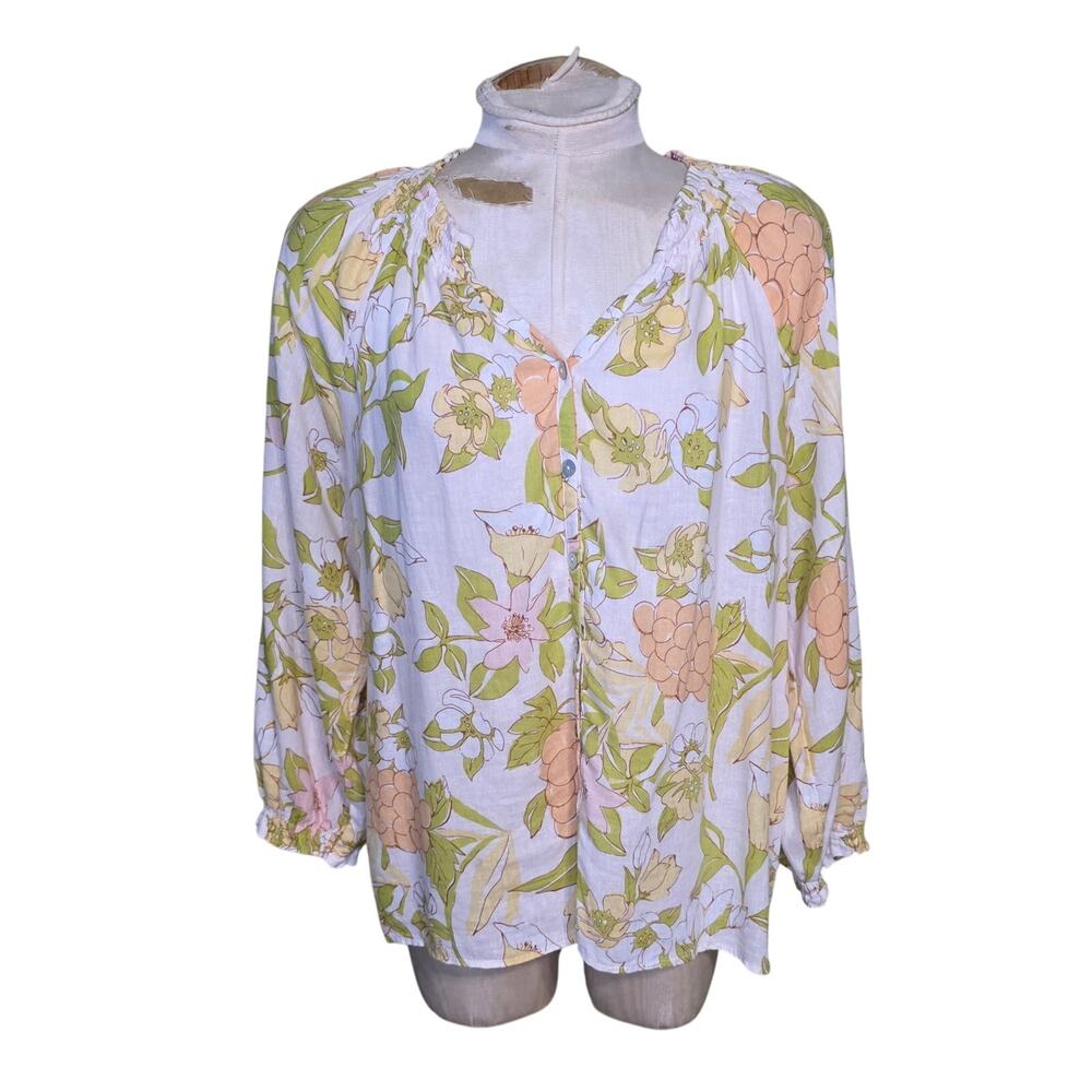 Casa Cabana Linen Blend Floral/Grape Print Lightweight Peasant Blouse Size M